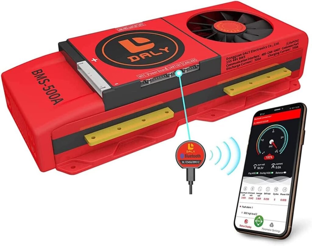 DALY Smart BMS 4/8/16S 100A-500A PCB Battery Board Charger Protection with Balance Leads Wires Bluetooth Battery Charging Controller 3.2V Cell Pack,LiFe 16S 48V BT,500A FAN          [Energy Class A]