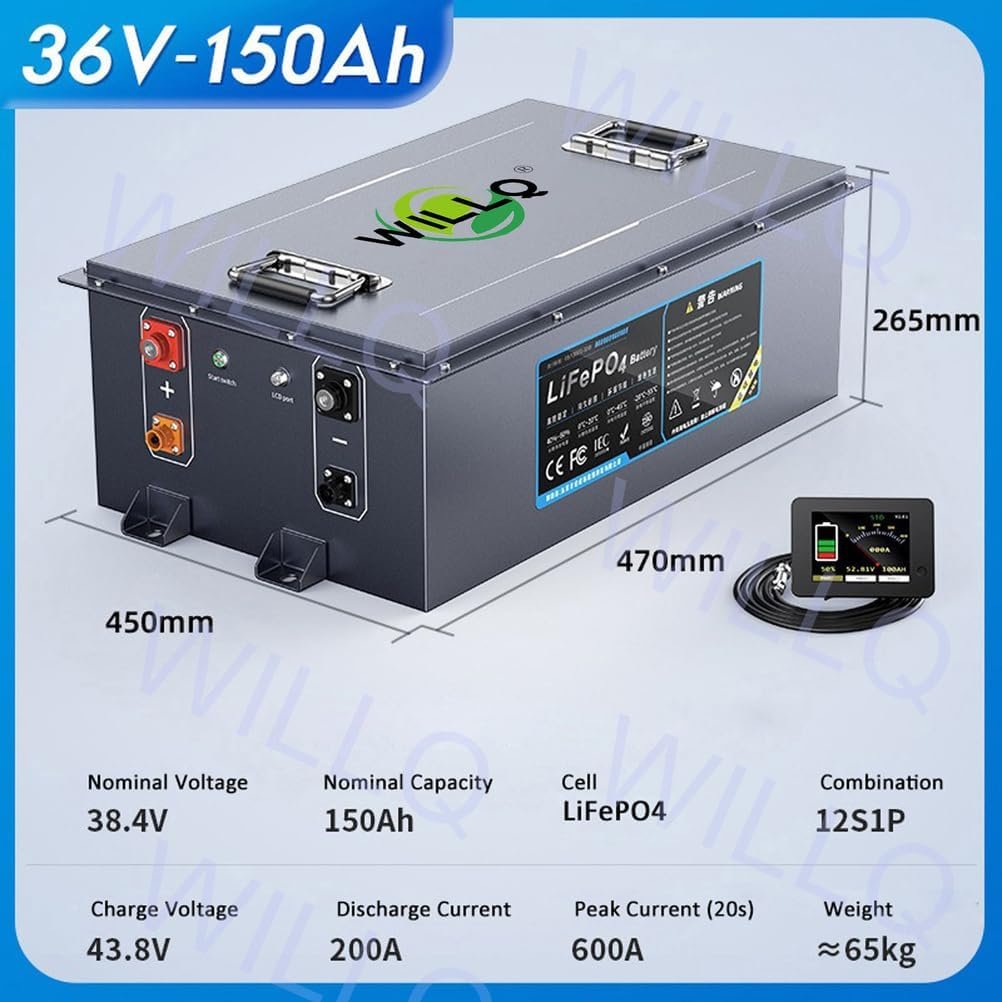 36V 35Ah 55Ah 80Ah 100Ah 120Ah 150Ah 200Ah 300Ah Golf Cart Battery LiFePO4 Battery with Charger and LCD Touchscreen Built-in BMS and Bluetooth