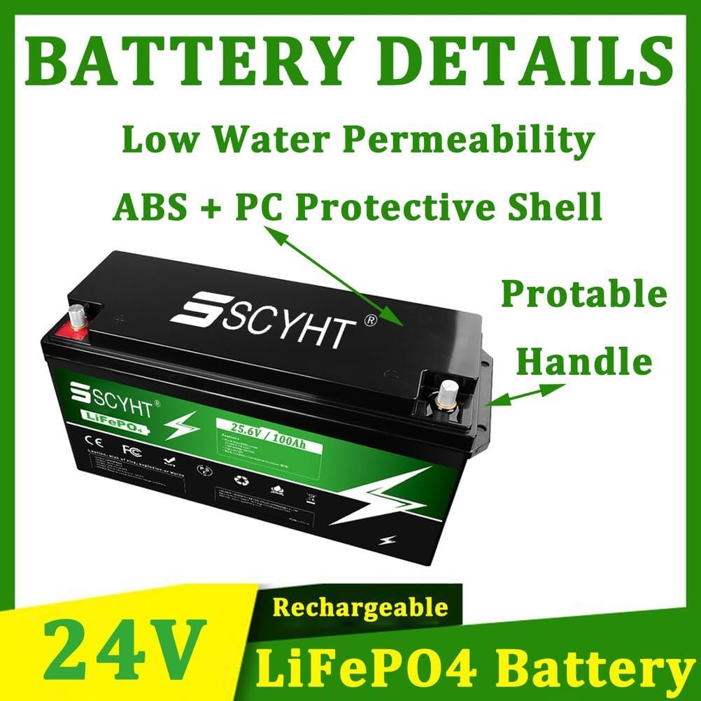 LiFePO4 Battery 24V 100Ah Lithium Battery 100Ah Rechargeable Batteries 24V Li-ion Batteries for Solar, Backup Power with BMS for 500W - 2400W Motor Kit