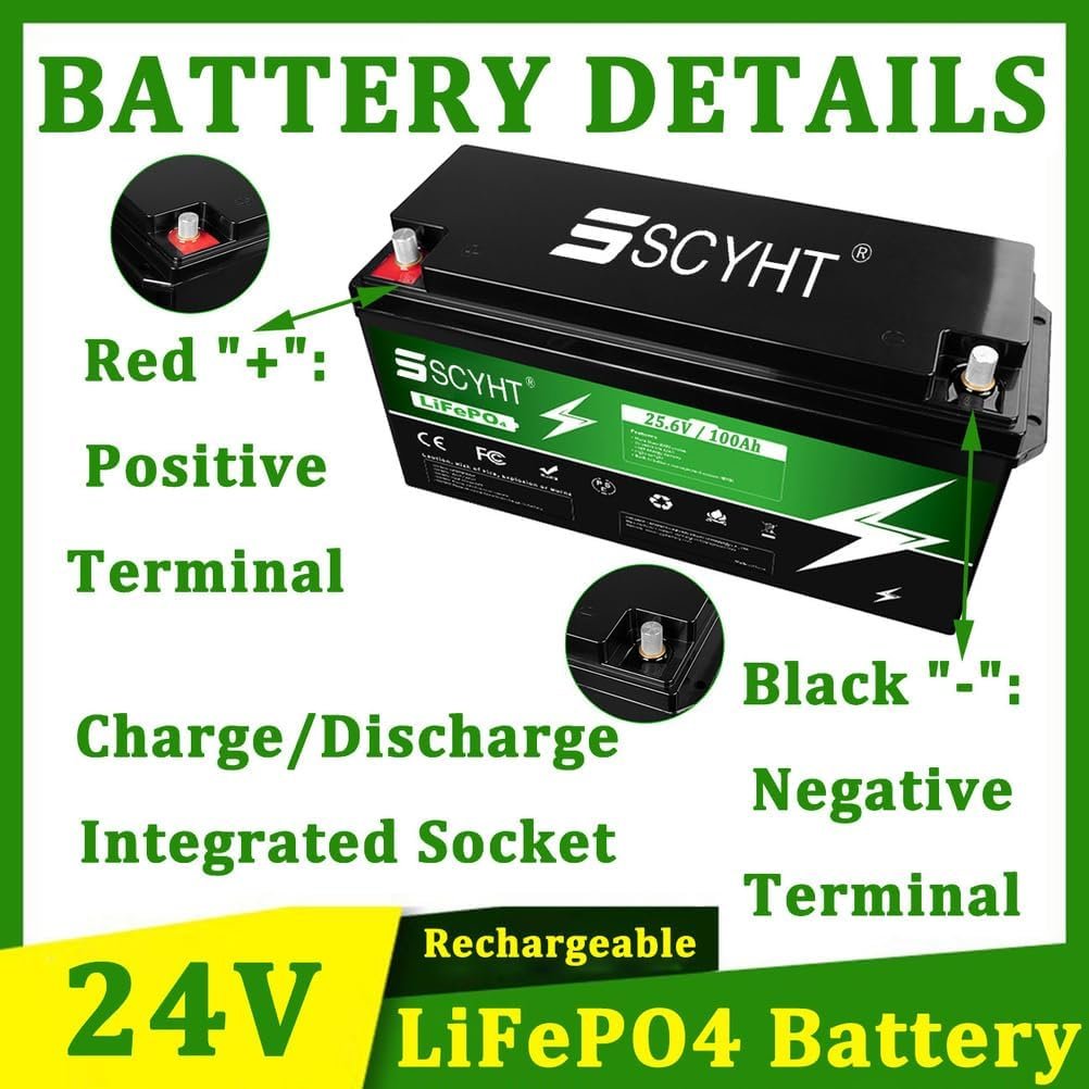 LiFePO4 Battery 24V 100Ah Lithium Battery 100Ah Rechargeable Batteries 24V Li-ion Batteries for Solar, Backup Power with BMS for 500W - 2400W Motor Kit
