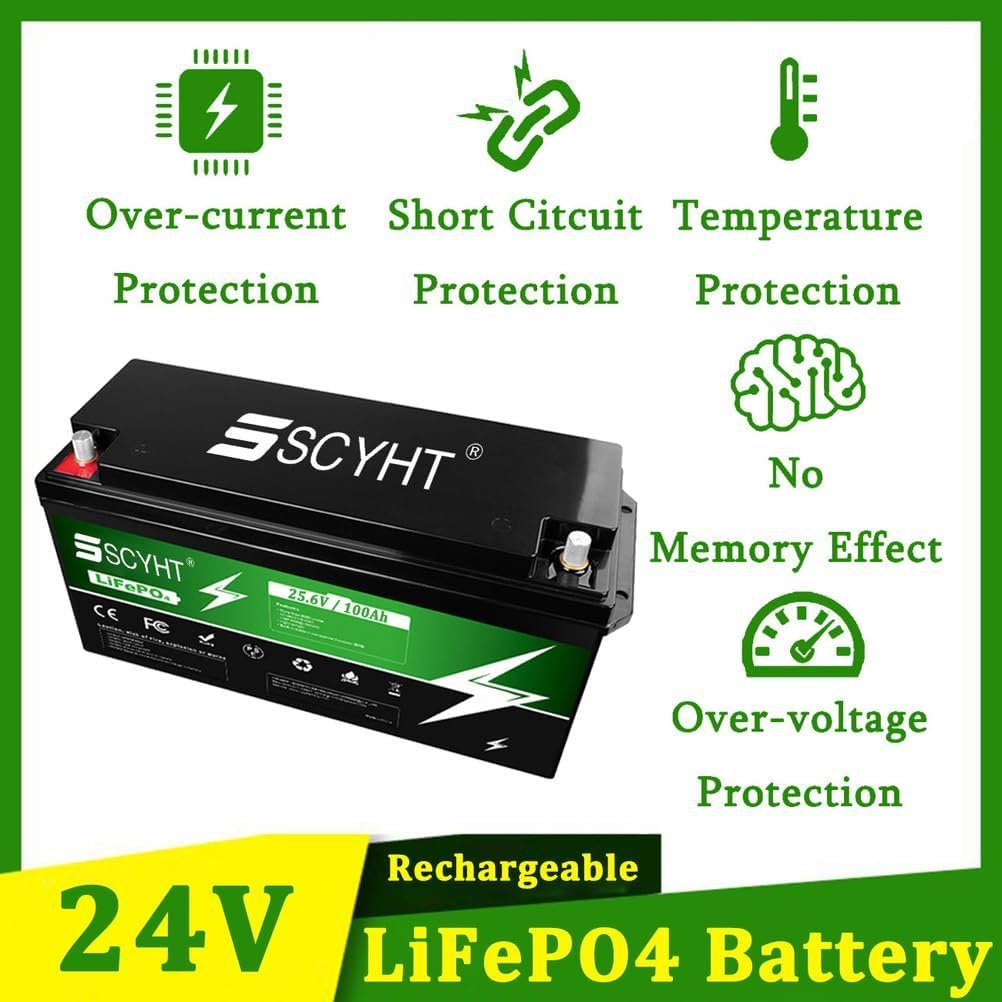 LiFePO4 Battery 24V 100Ah Lithium Battery 100Ah Rechargeable Batteries 24V Li-ion Batteries for Solar, Backup Power with BMS for 500W - 2400W Motor Kit