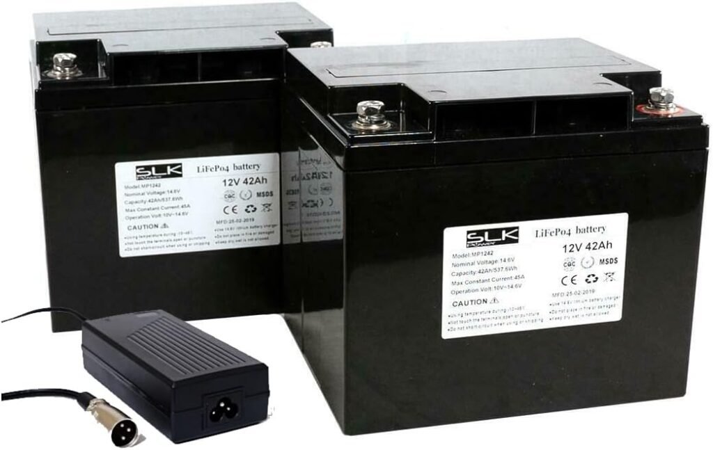Mobility Scooter Lithium Battery Pair of 2 x 12v 42ah + Charger Bundle. Superior High Performance, Reliable And long Lasting Replacement Batteries For Electric Scooters And Wheelchairs