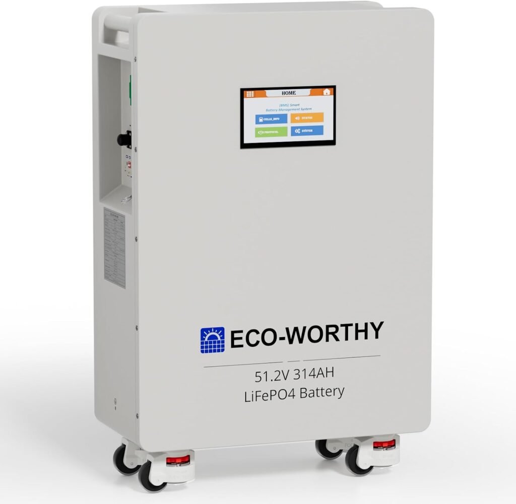 ECO-WORTHY 48V 314Ah(V1) LiFePO4 Powerwall for Home Backup | 16.1kWh Capacity.200A PACE BMS with Dual 125A Circuit Breakers. Floor-standing with wheels.CAN/RS232 for inverter comms.