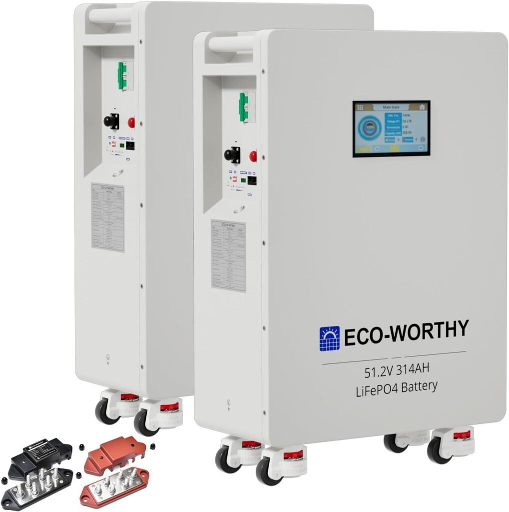 ECO-WORTHY 48V 314Ah(V1) LiFePO4 Powerwall for Home Backup | 16.1kWh Capacity.200A PACE BMS with Dual 125A Circuit Breakers. Floor-standing with wheels.CAN/RS232 for inverter comms.